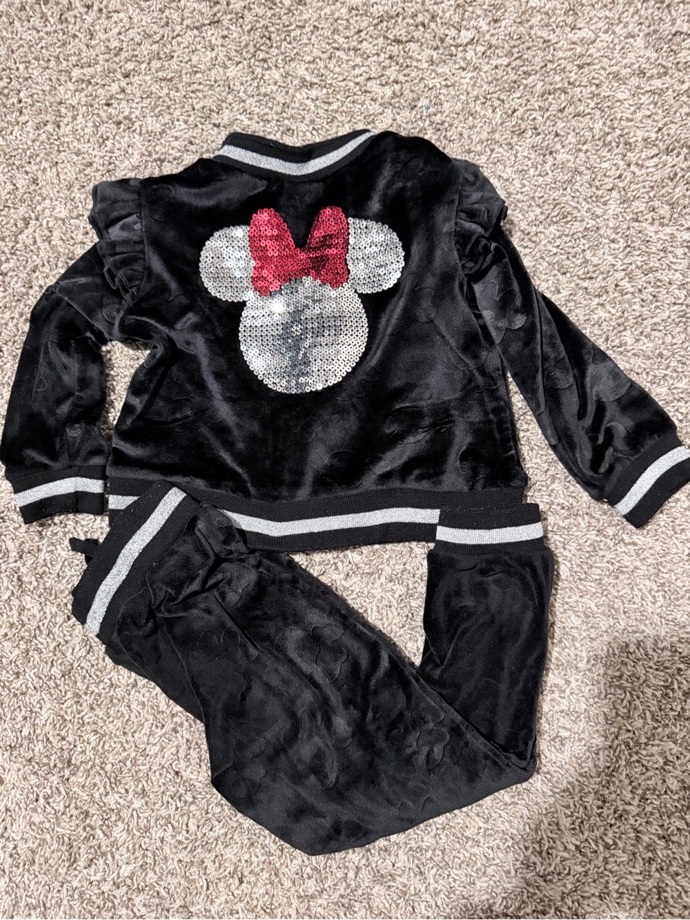 Disney Black Velour Sequin Minnie Jogger Pajama Set with Red Bow